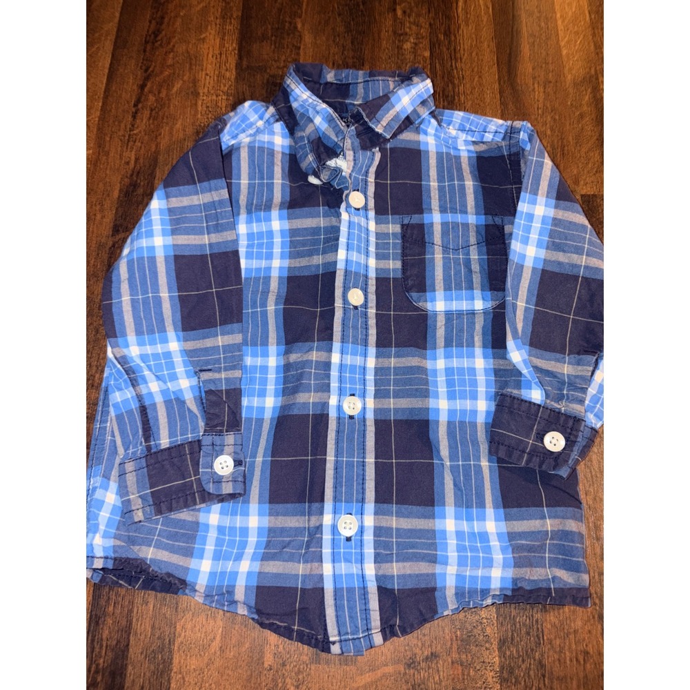 OshKosh B'gosh Boys Blue Plaid Long Sleeve‎ Button Down Shirt 18 Months